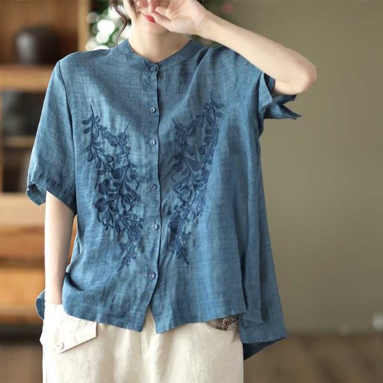 Crew Neck Short Sleeve Embroidery Patterns Regular Loose Shirt For Women