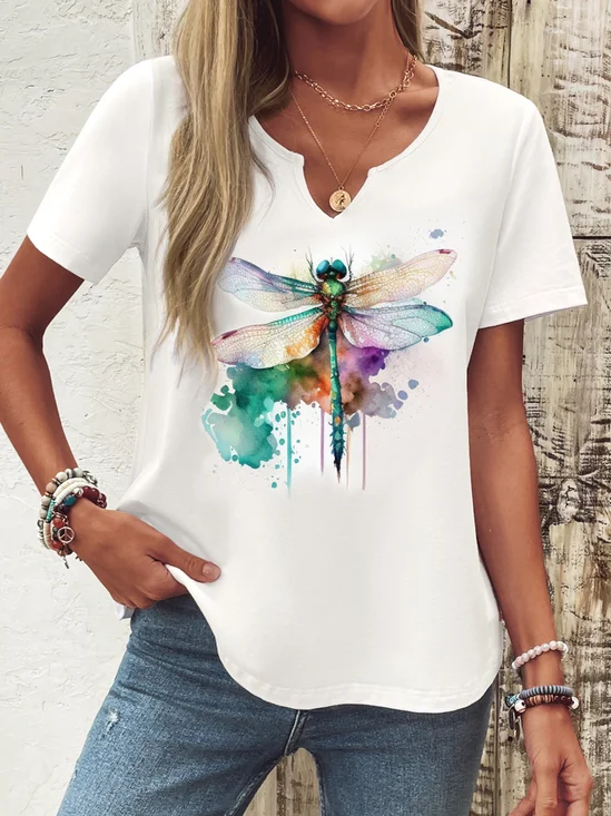 Casual Dragonfly Notched Short Sleeve T-shirt