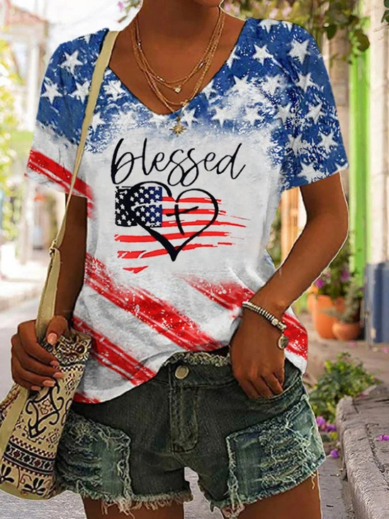 Casual Text Letters V Neck Short Sleeve T-shirt