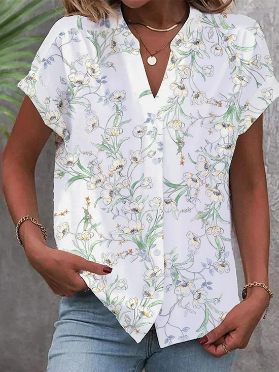 Notched Short Sleeve Floral Regular Loose Blouse For Women