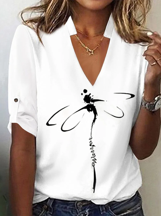 Casual Dragonfly Notched Half Sleeve T-shirt