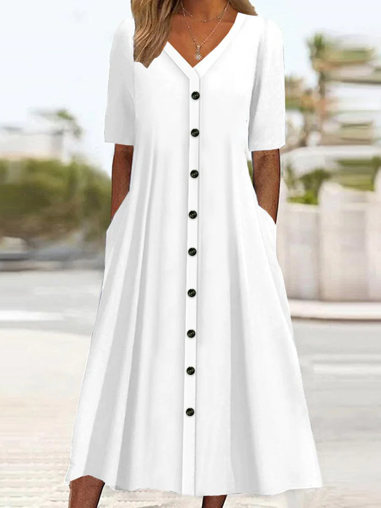 Women Plain V Neck Short Sleeve Comfy Casual Buckle Midi Dress