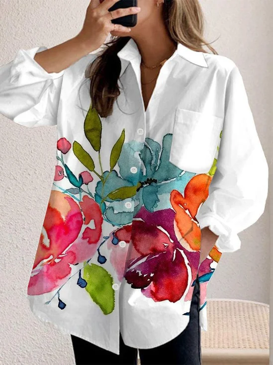 Shirt Collar Long Sleeve Floral Regular Loose Shirt For Women