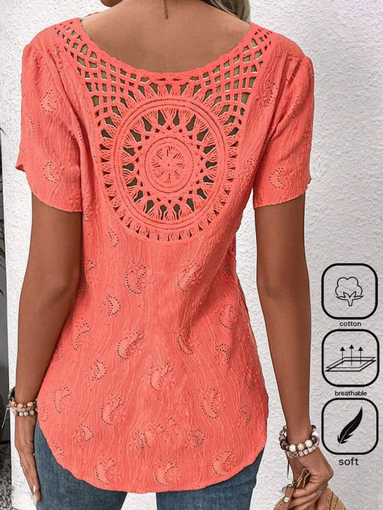 Notched Short Sleeve Plain Lace Regular Loose Blouse For Women