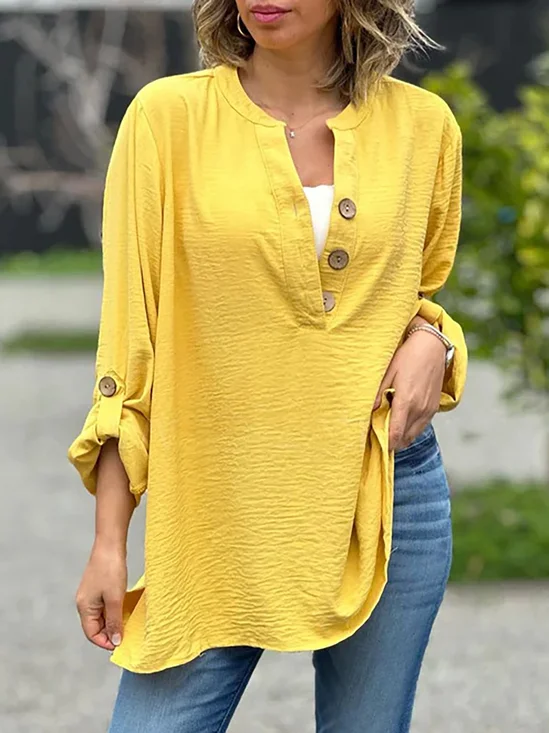 V Neck Long Sleeve Floral Buckle Lightweight Loose TUNIC Blouse For Women