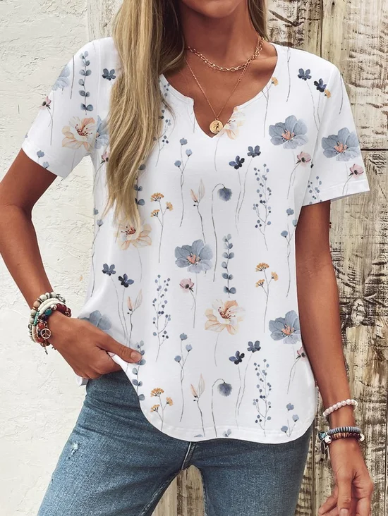 Casual Floral Notched Short Sleeve T-shirt