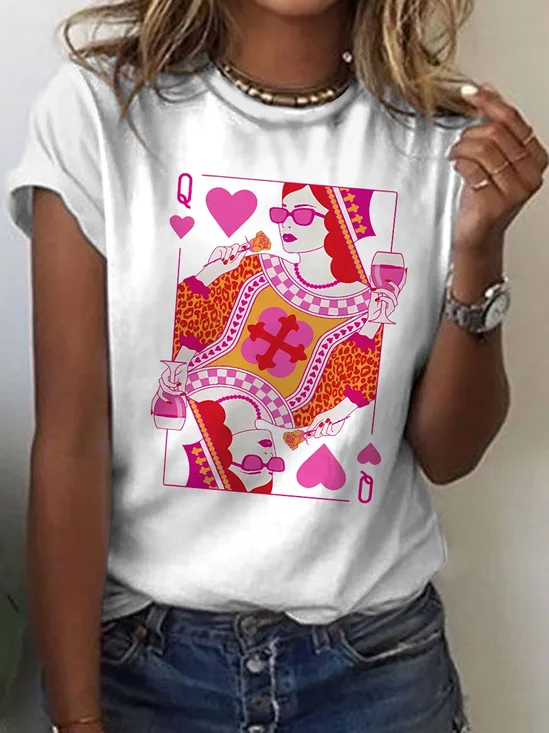 Casual Cartoon Poker Queen Crew Neck Short Sleeve T-shirt