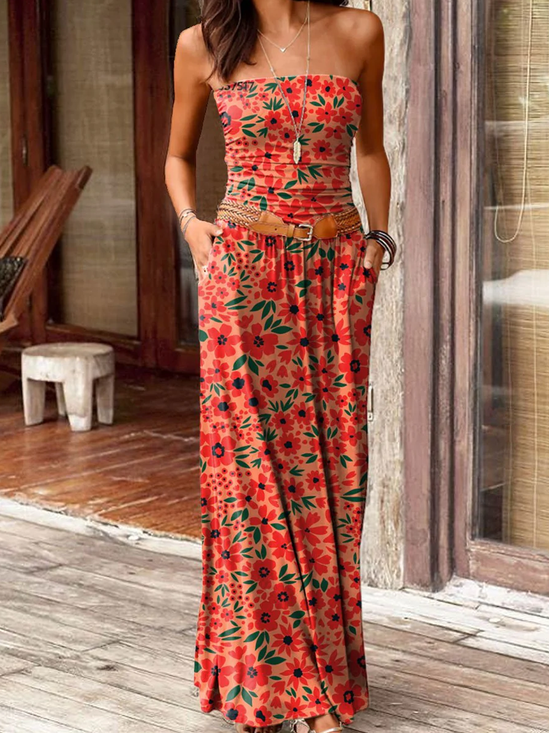 Women Floral Strapless Sleeveless Comfy Casual Maxi Dress