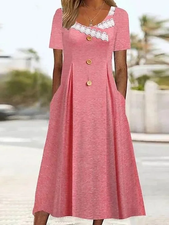 Women Plain V Neck Long Sleeve Comfy Casual Buckle Midi Dress