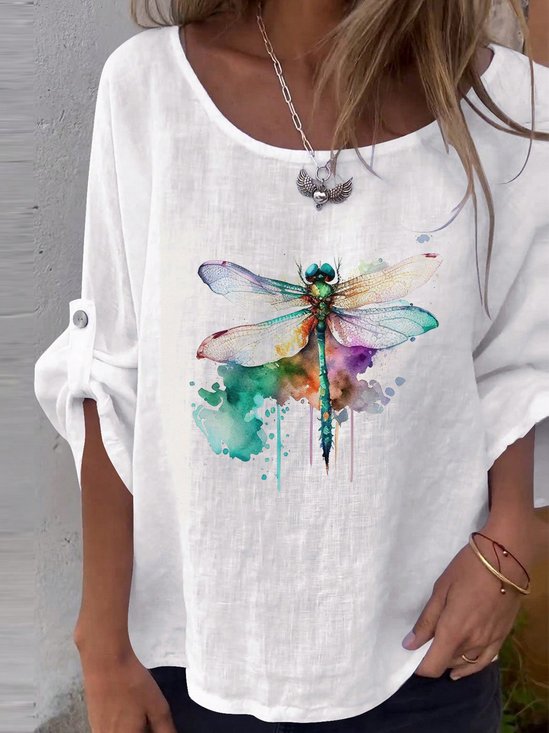 Crew Neck Long Sleeve Dragonfly Buckle Regular Loose Blouse For Women