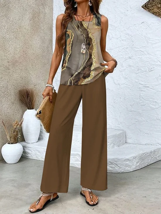 Women Abstract Crew Neck Sleeveless Comfy Casual Top With Pants Two-Piece Set