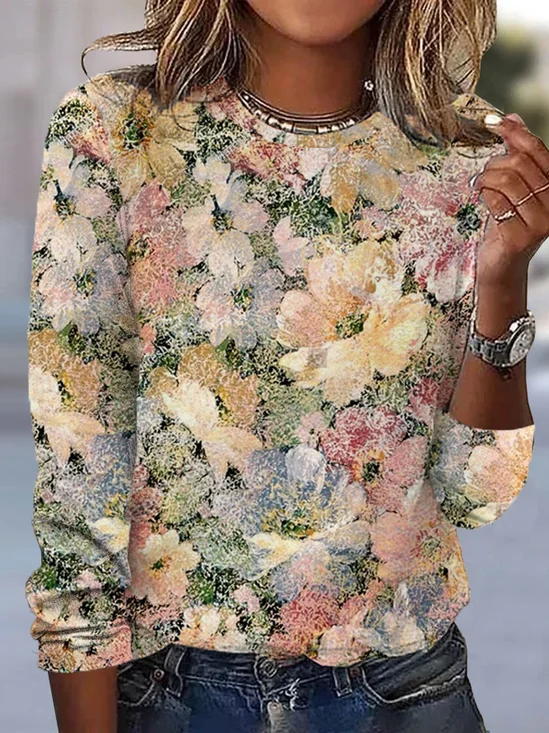 Casual Floral Crew Neck Long Sleeve T-shirt