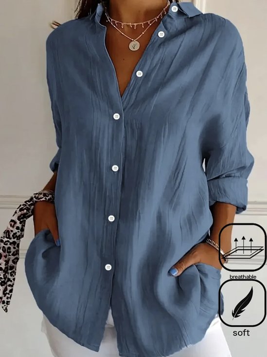 Shirt Collar Long Sleeve Plain Regular Micro-Elasticity Loose Shirt For Women