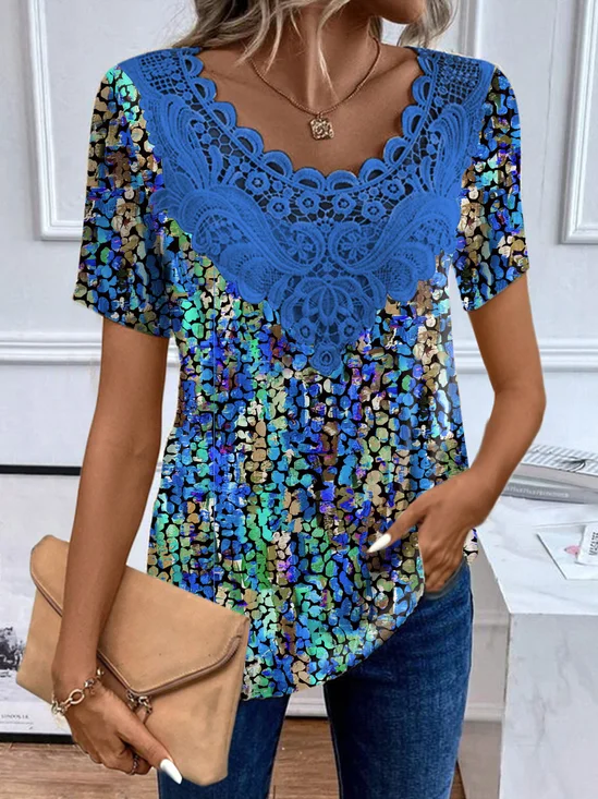 Crew Neck Short Sleeve Colorblock Lace Regular Loose Blouse For Women