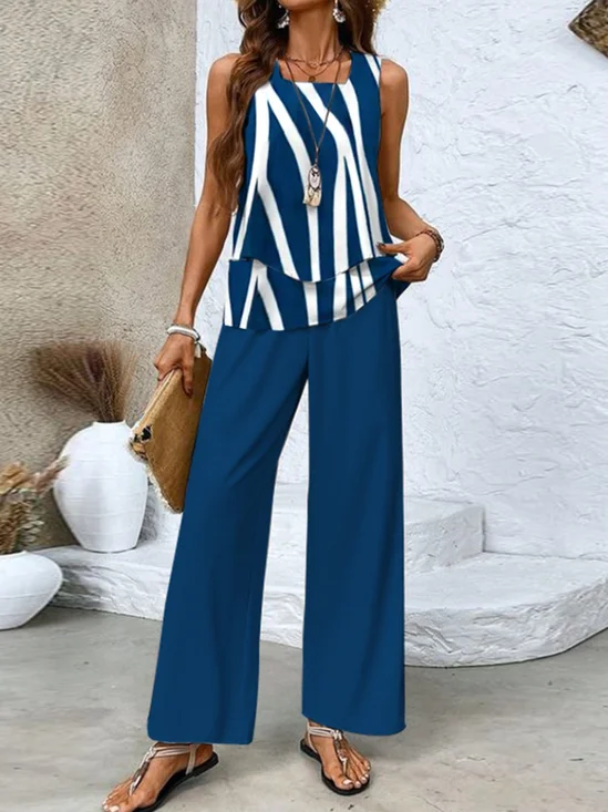 Women Color Block Square Neck Sleeveless Comfy Casual Top With Pants Two-Piece Set