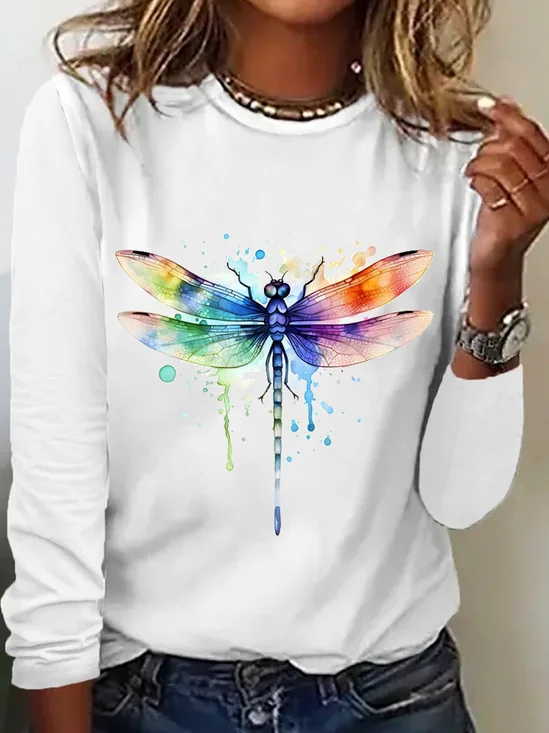 Casual Dragonfly Crew Neck Long Sleeve T-shirt