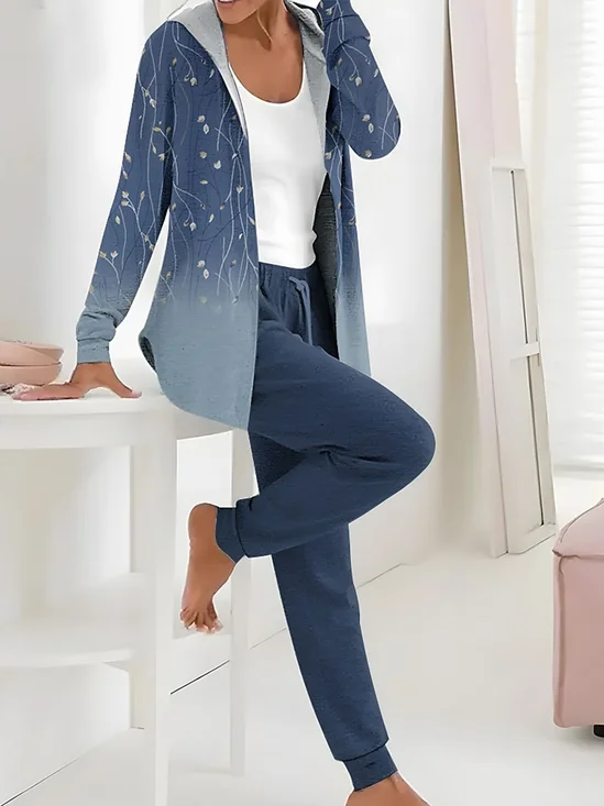 Women Floral Hoodie Long Sleeve Comfy Casual Top With Pants Two-Piece Set