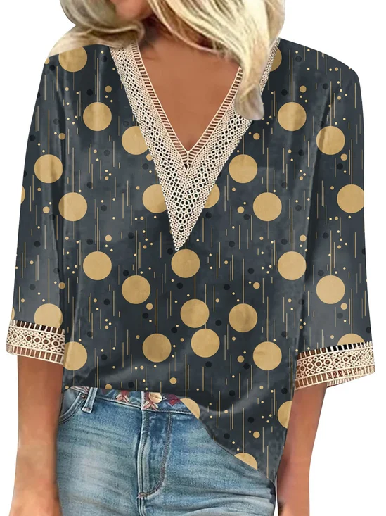 V Neck Half Sleeve Geometric Lace Lightweight Loose Blouse For Women