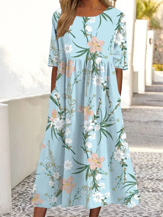 Women Floral V Neck Short Sleeve Comfy Casual Pocket Stitching Midi Dress
