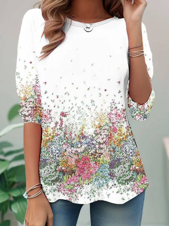 Casual Floral Crew Neck Long Sleeve T-shirt