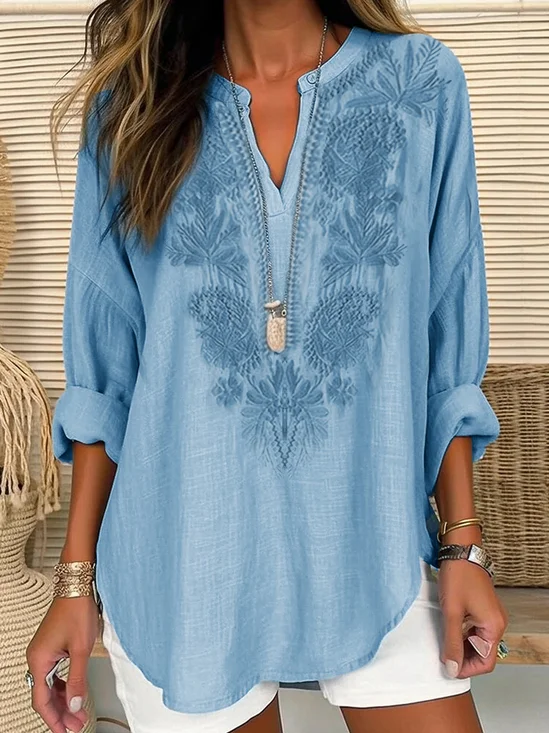 V Neck Long Sleeve Plain Embroidery Lightweight Loose Blouse For Women