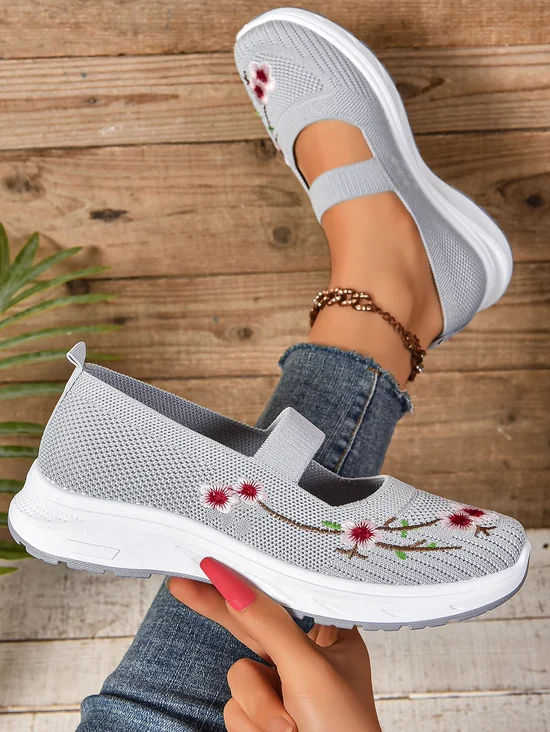 Casual Floral Slip On Flat Heel Shallow Shoes Embroidery