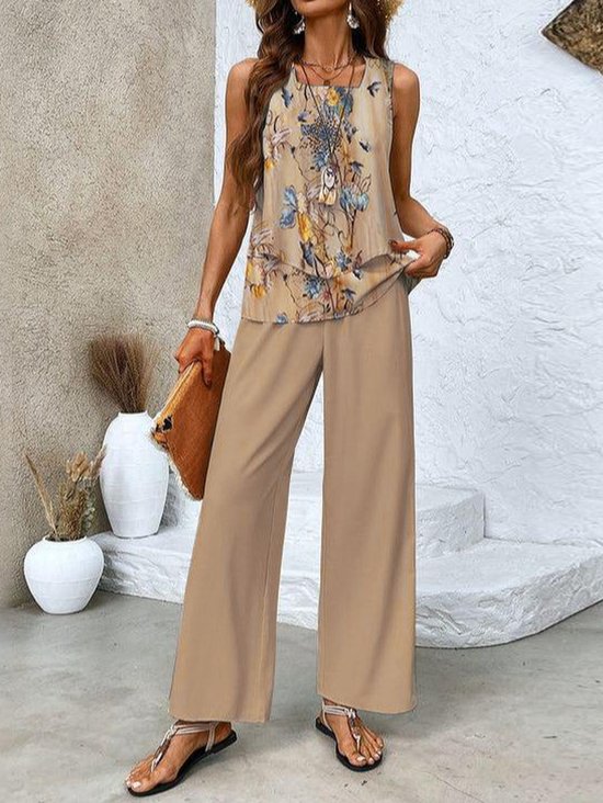 Women Floral Crew Neck Sleeveless Comfy Casual Top With Pants Two-Piece Set