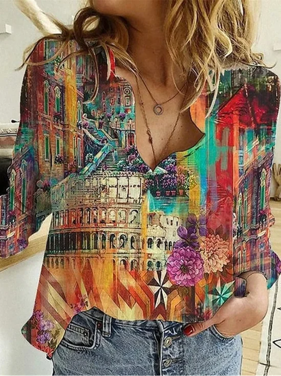 Shirt Collar Long Sleeve Landscape Print Regular Loose Shirt For Women