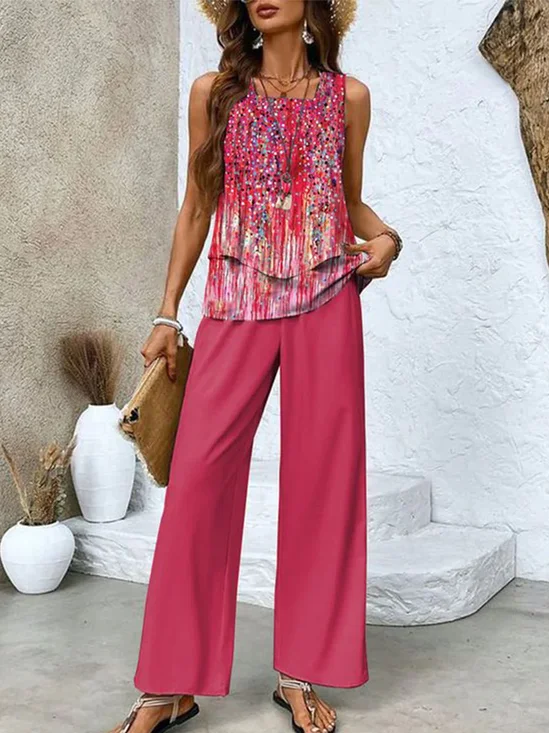 Women Abstract Square Neck Sleeveless Comfy Casual Top With Pants Two-Piece Set