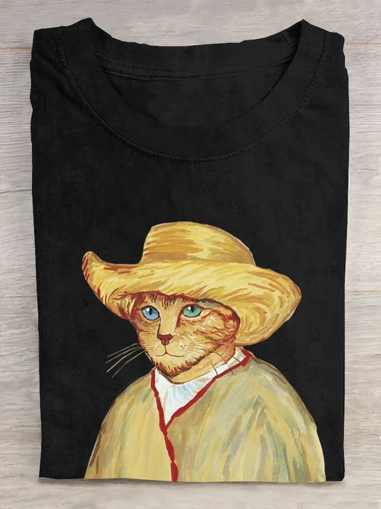 Casual Cat Crew Neck Short Sleeve T-shirt