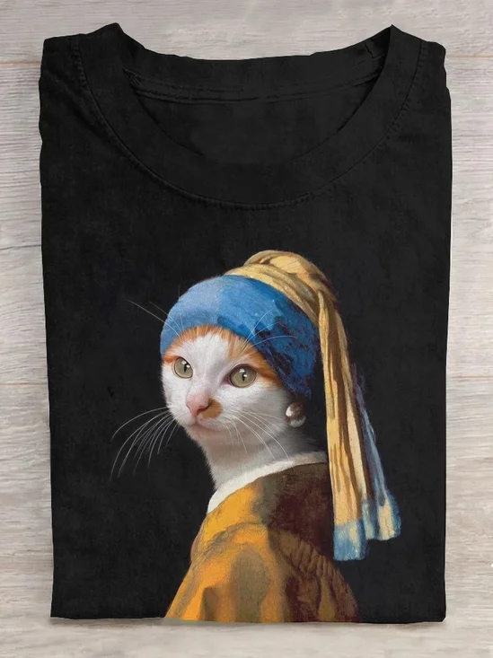 Casual Cat Crew Neck Short Sleeve T-shirt