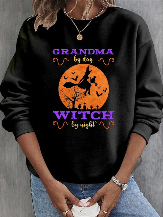 Halloween Witch Casual Crew Neck Text Letters Sweatshirt