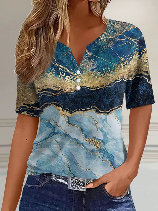 Casual Abstract Notched Short Sleeve T-shirt