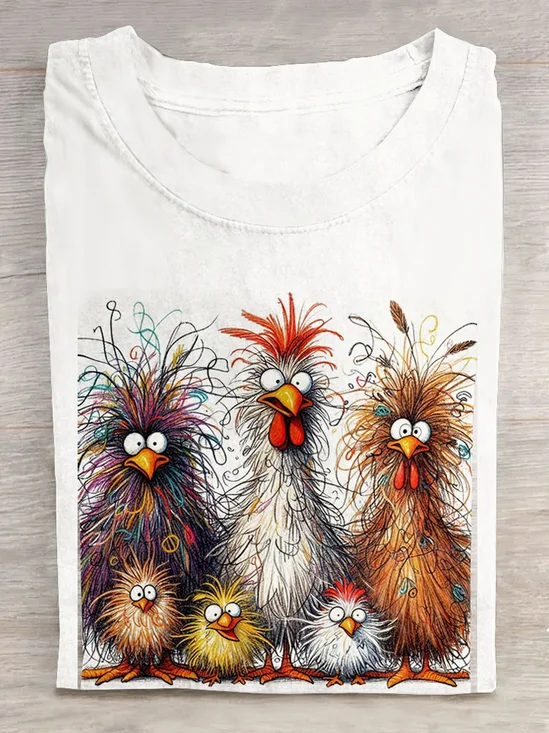 Casual Cute Chicken Animal Crew Neck Short Sleeve Cotton T-shirt