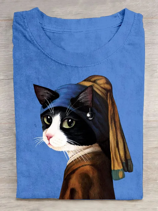 Casual Cat Crew Neck Short Sleeve T-shirt