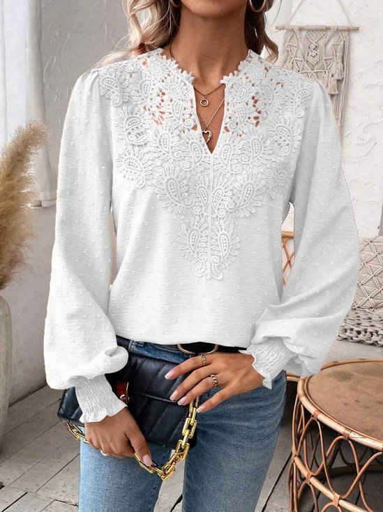 Notched Long Sleeve Plain Lace Regular Loose Blouse For Women