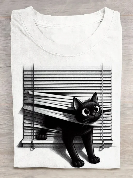 Casual Cat Crew Neck Short Sleeve T-shirt