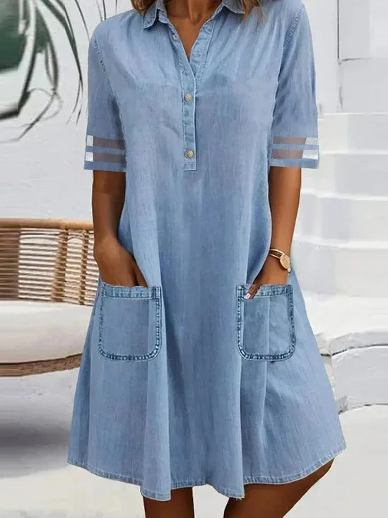 Women Plain Shirt Collar Half Sleeve Comfy Casual Pocket Stitching Midi Dress