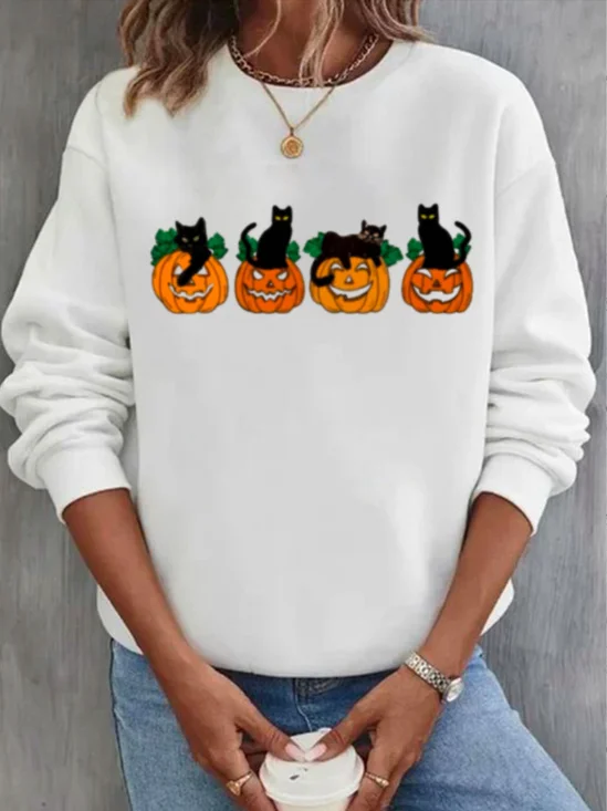 Halloween Casual Crew Neck Pumpkins And Cat Sweatshirt