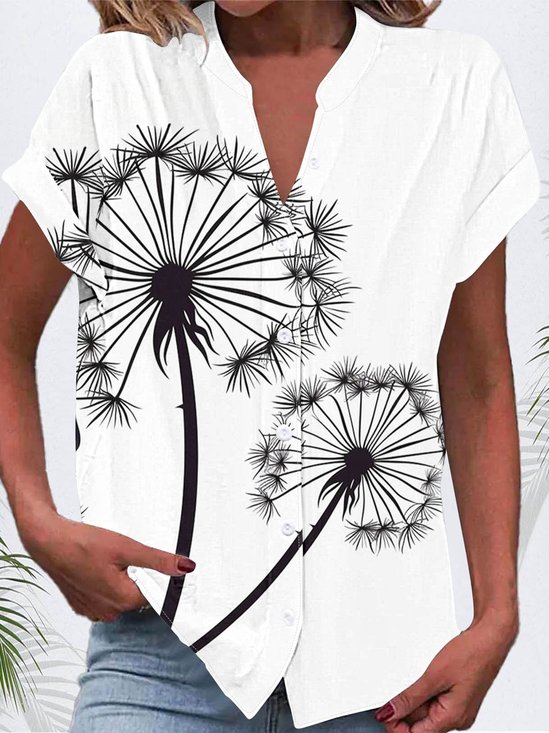 V Neck Short Sleeve Dandelion Buckle Regular Micro-Elasticity Loose Shirt For Women
