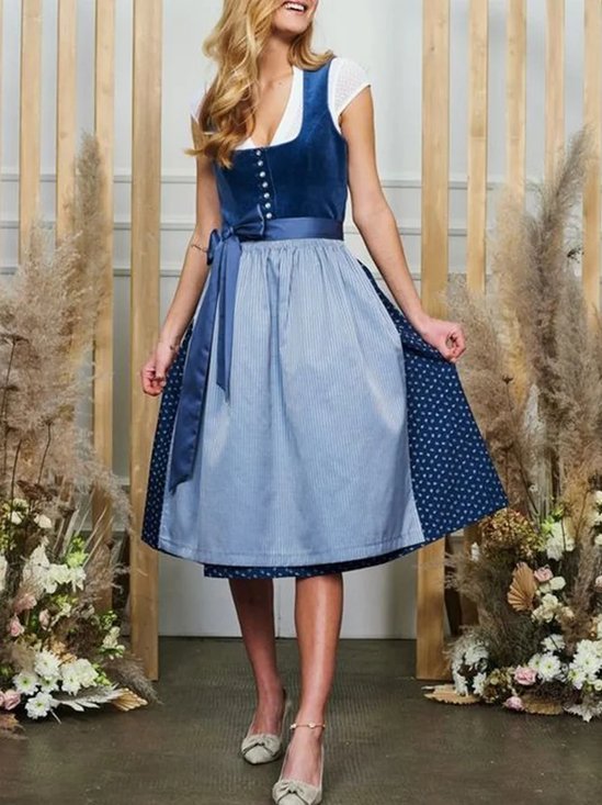 Women Polka Dots Square Neck Short Sleeve Comfy Vintage Bow Midi Dress