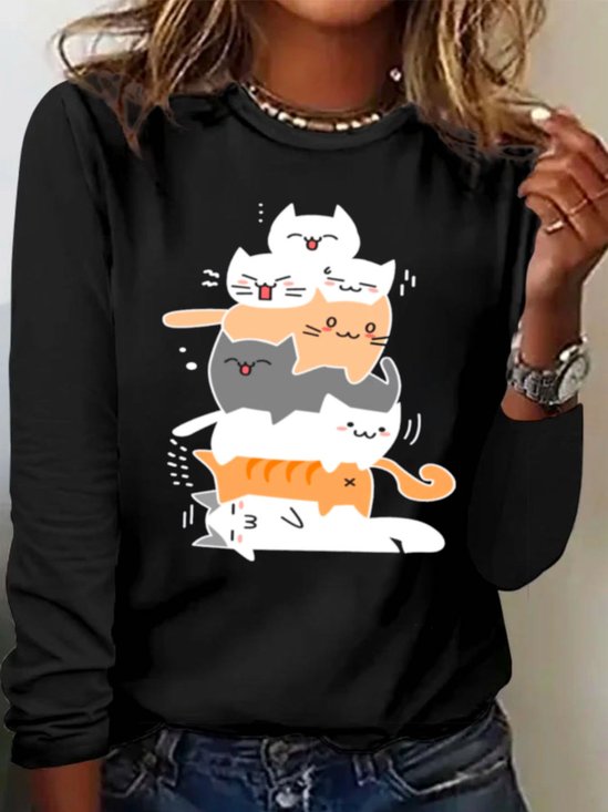 Casual Cat Crew Neck Long Sleeve T-shirt