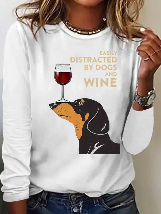 Casual Cute Dog Text Letters Crew Neck Long Sleeve T-shirt