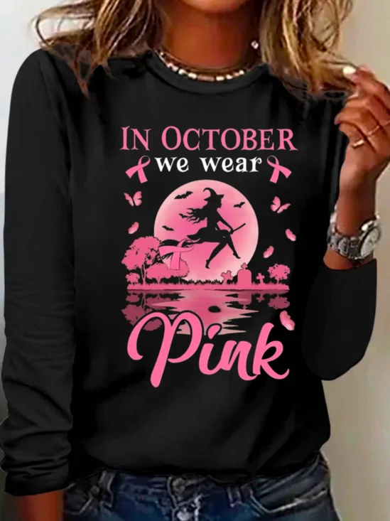 Halloween Casual Pink Witch Pattern Crew Neck Long Sleeve T-shirt