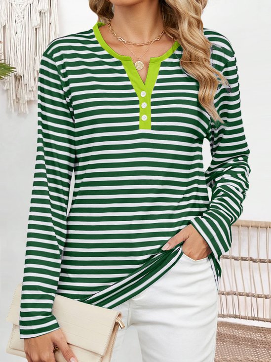 Casual Striped Notched Long Sleeve T-shirt