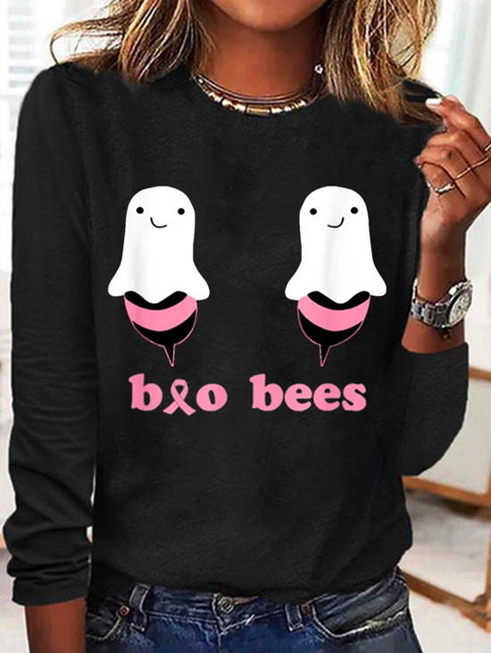 Halloween Casual Cute Ghost Pattern Text Letters Crew Neck Long Sleeve T-shirt