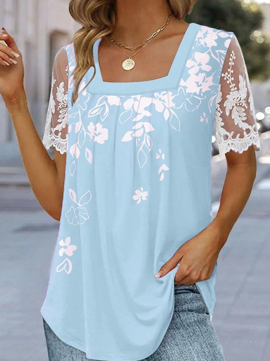 Casual Floral Square Neck Short Sleeve T-shirt
