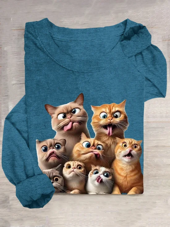 Casual Cat Crew Neck Long Sleeve T-shirt