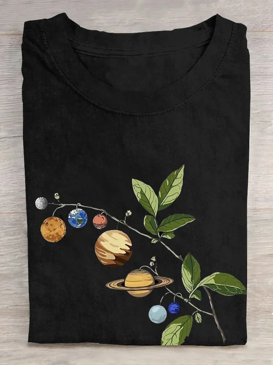 Casual Leaf Planet Print Crew Neck Short Sleeve T-shirt