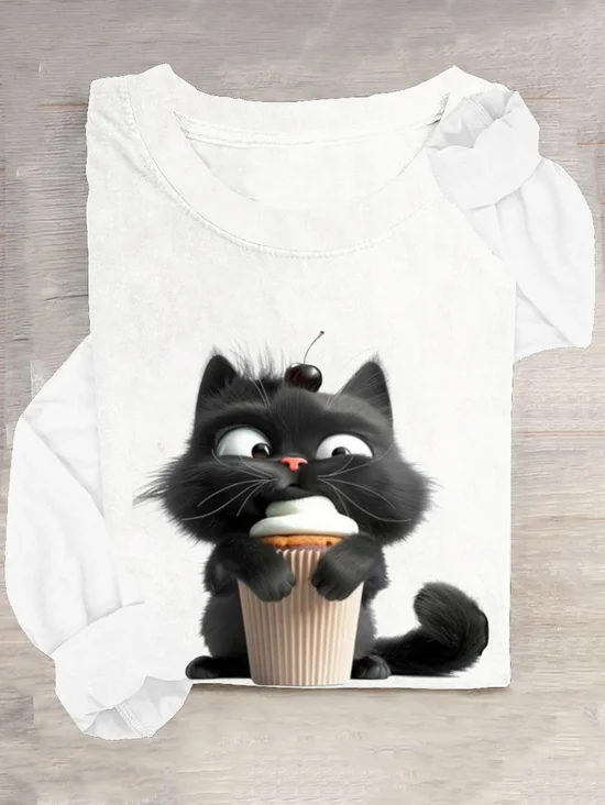 Casual Cat Crew Neck Long Sleeve T-shirt